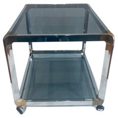 Pair of Chrome Smoked Glass Rolling Bar Cart End Tables on Wheels Space Age