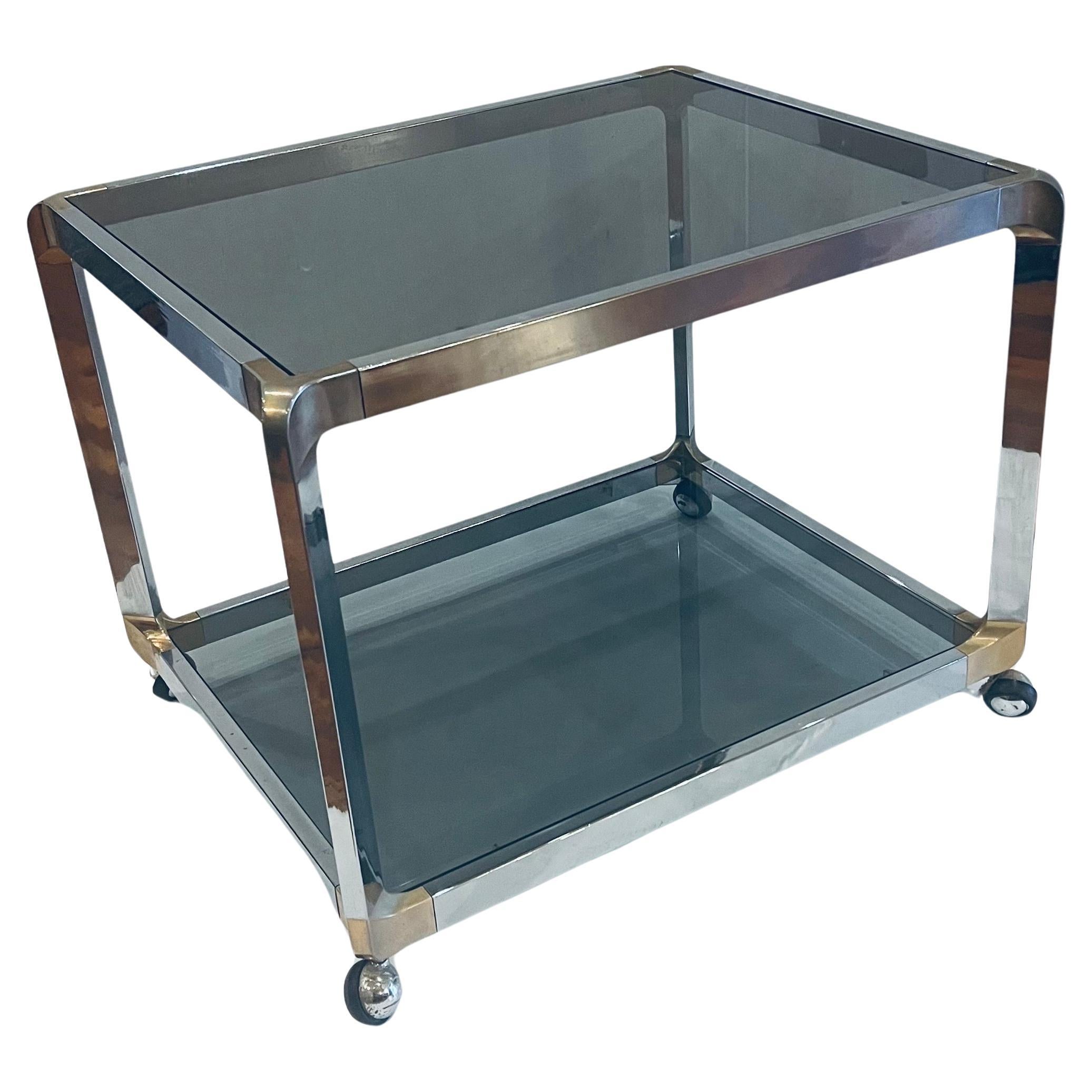 American Pair of Chrome Smoked Glass Rolling Bar Cart End Tables on Wheels Space Age For Sale