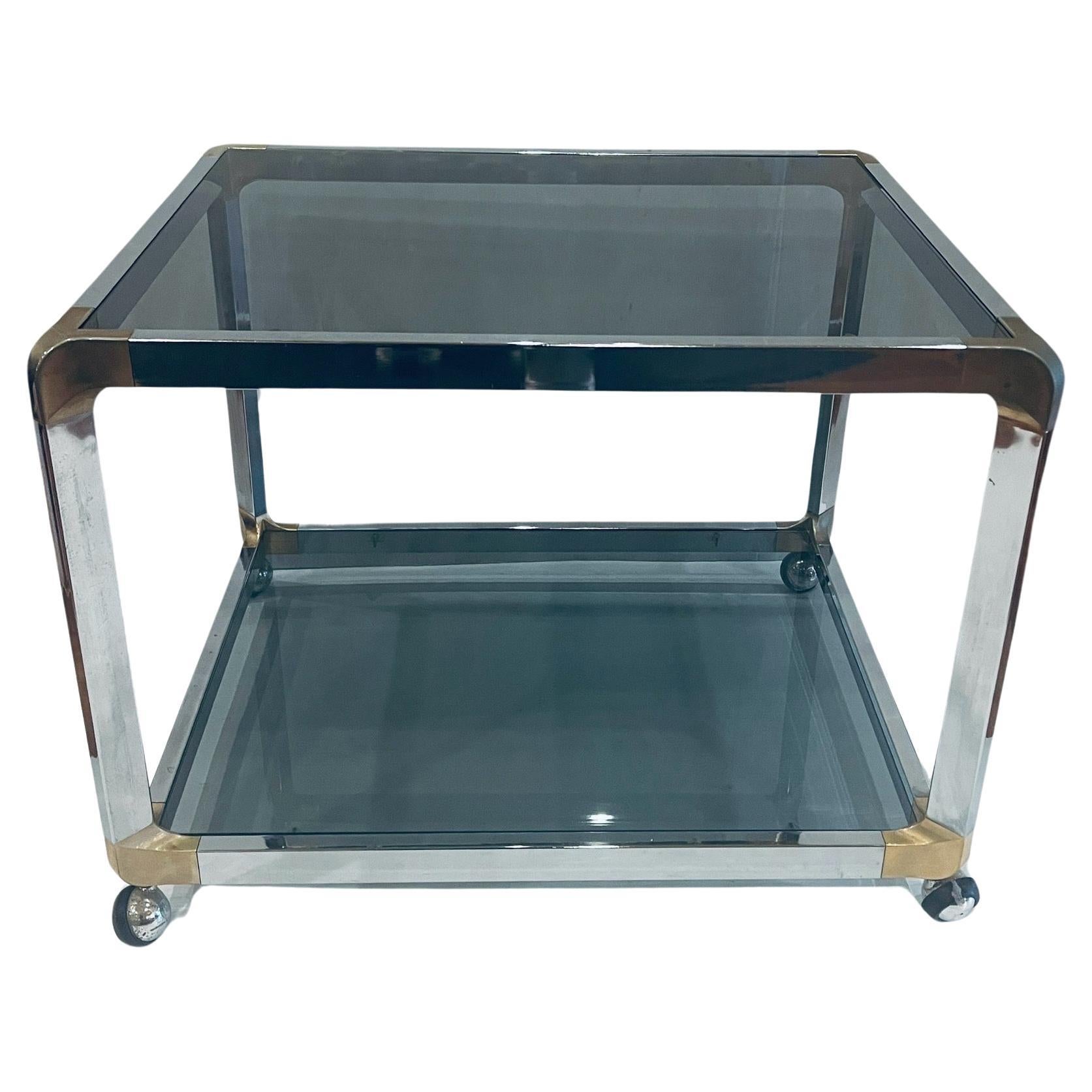Pair of Chrome Smoked Glass Rolling Bar Cart End Tables on Wheels Space Age In Good Condition For Sale In San Diego, CA
