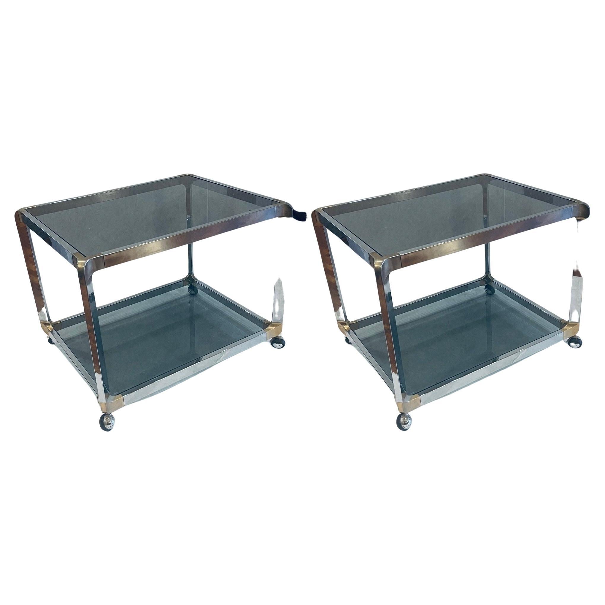 20th Century Pair of Chrome Smoked Glass Rolling Bar Cart End Tables on Wheels Space Age For Sale