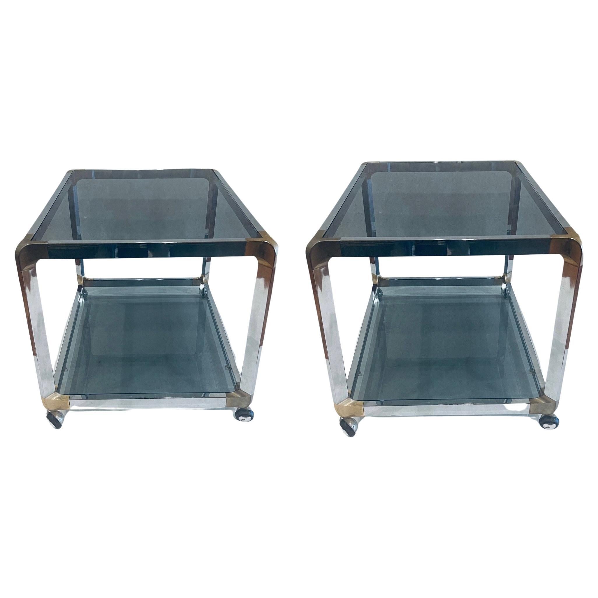 Pair of Chrome Smoked Glass Rolling Bar Cart End Tables on Wheels Space Age For Sale