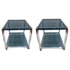 Vintage Pair of Chrome Smoked Glass Rolling Bar Cart End Tables on Wheels Space Age