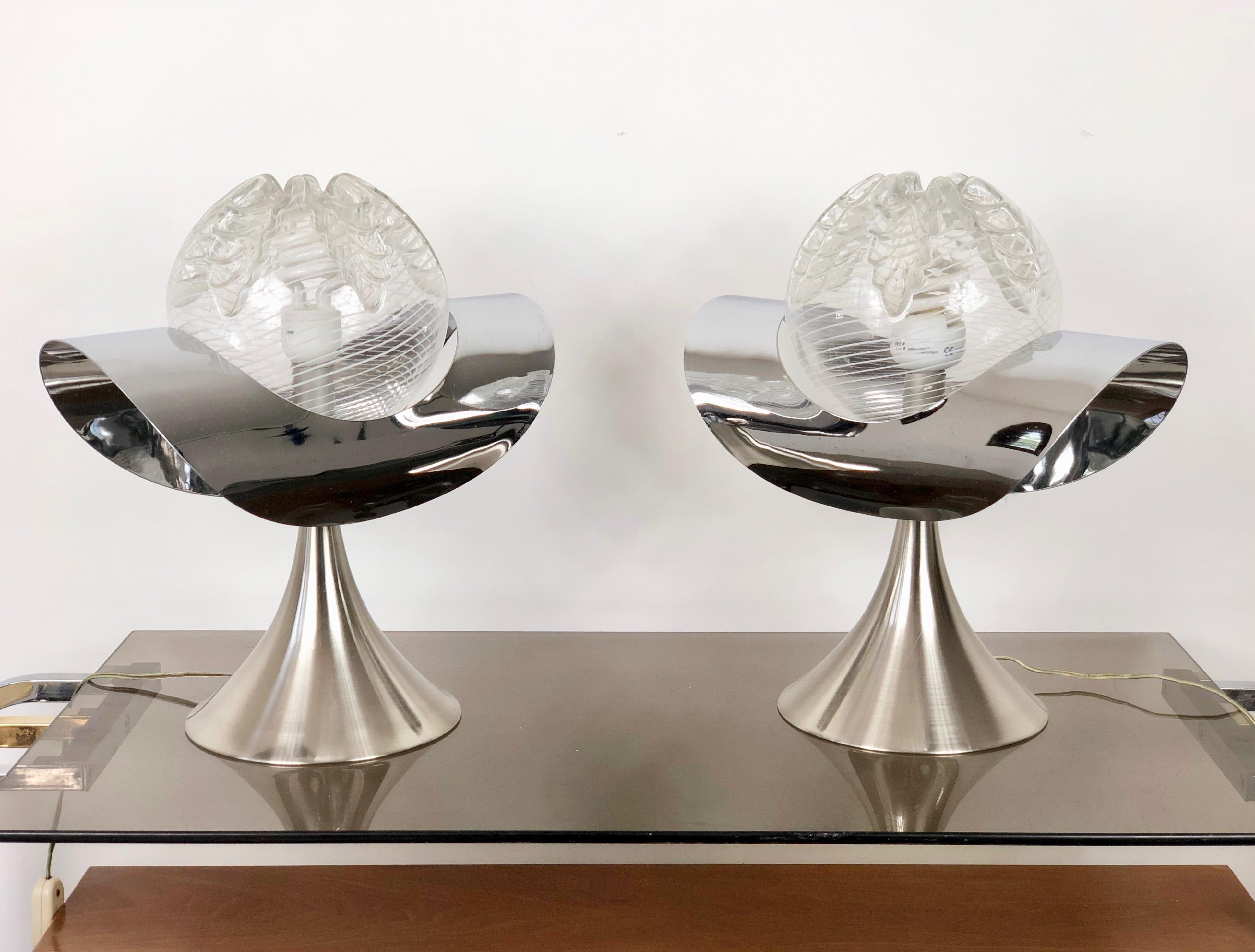 Italian Pair of Chrome, Steel and Glass Table Lamp, Italy, 1970s For Sale