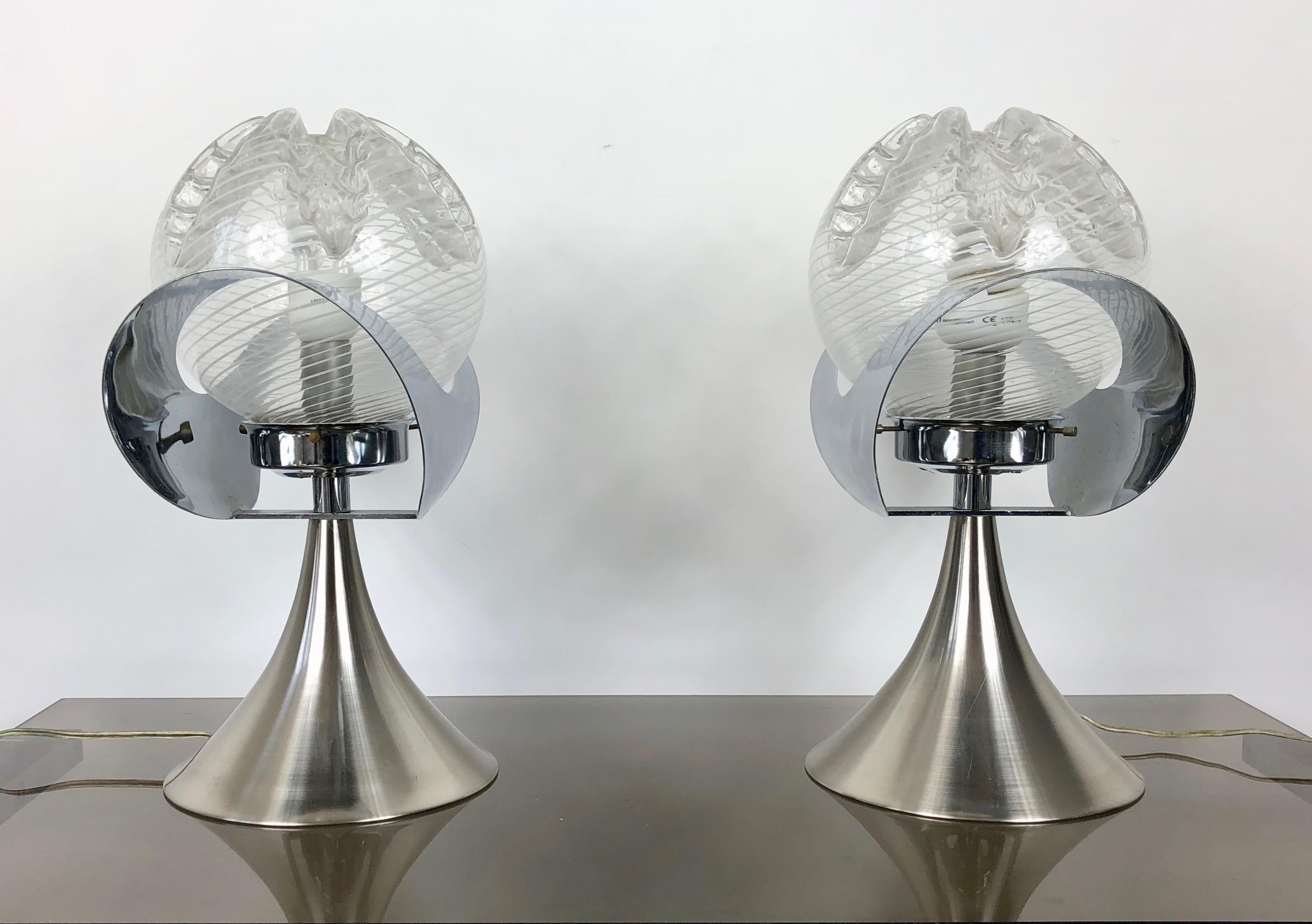 Late 20th Century Pair of Chrome, Steel and Glass Table Lamp, Italy, 1970s For Sale
