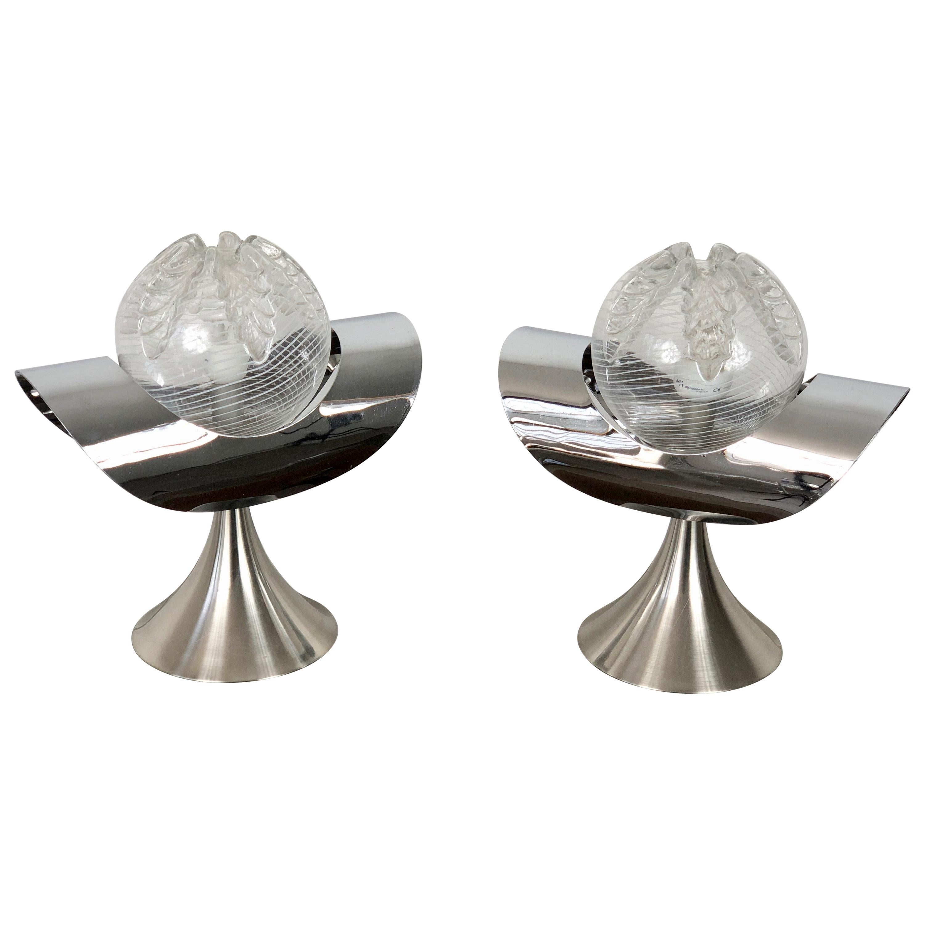 Pair of Chrome, Steel and Glass Table Lamp, Italy, 1970s