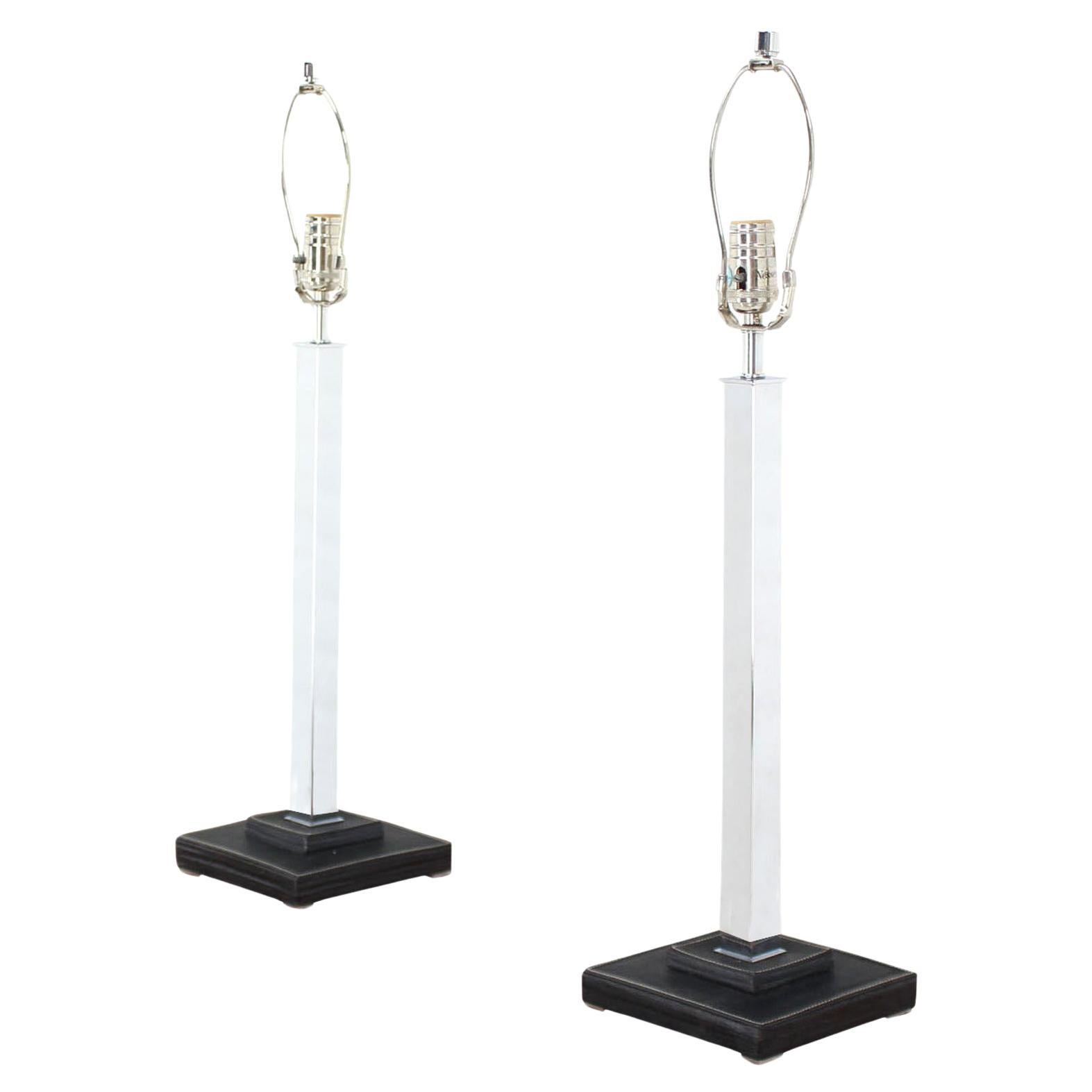 Pair of Chrome Stitched Square Leather Bases  Modern Table Lamps by Nessen MINT For Sale