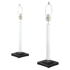 Pair of Chrome Stitched Square Leather Bases  Modern Table Lamps by Nessen MINT