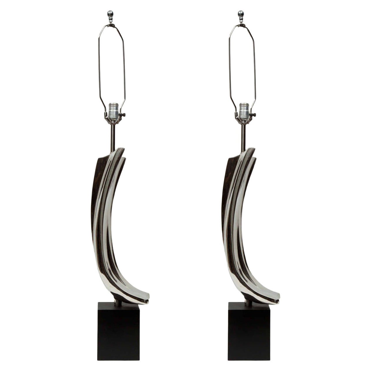 Pair of Chrome Table Lamps by Maurizio Tempestini by Laura, Black Base, No Shade For Sale