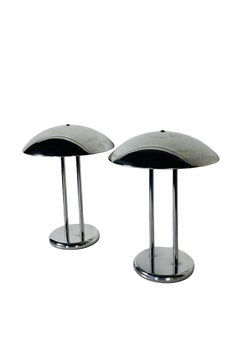 Pair of Chrome Table Lamps with Round Half Dome Shade