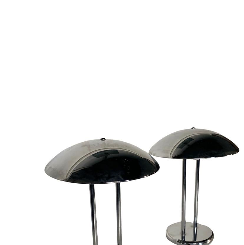 Pair of Chrome Table Lamps with Round Half Dome Shade In Good Condition In Brooklyn, NY