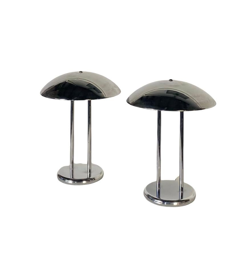Late 20th Century Pair of Chrome Table Lamps with Round Half Dome Shade