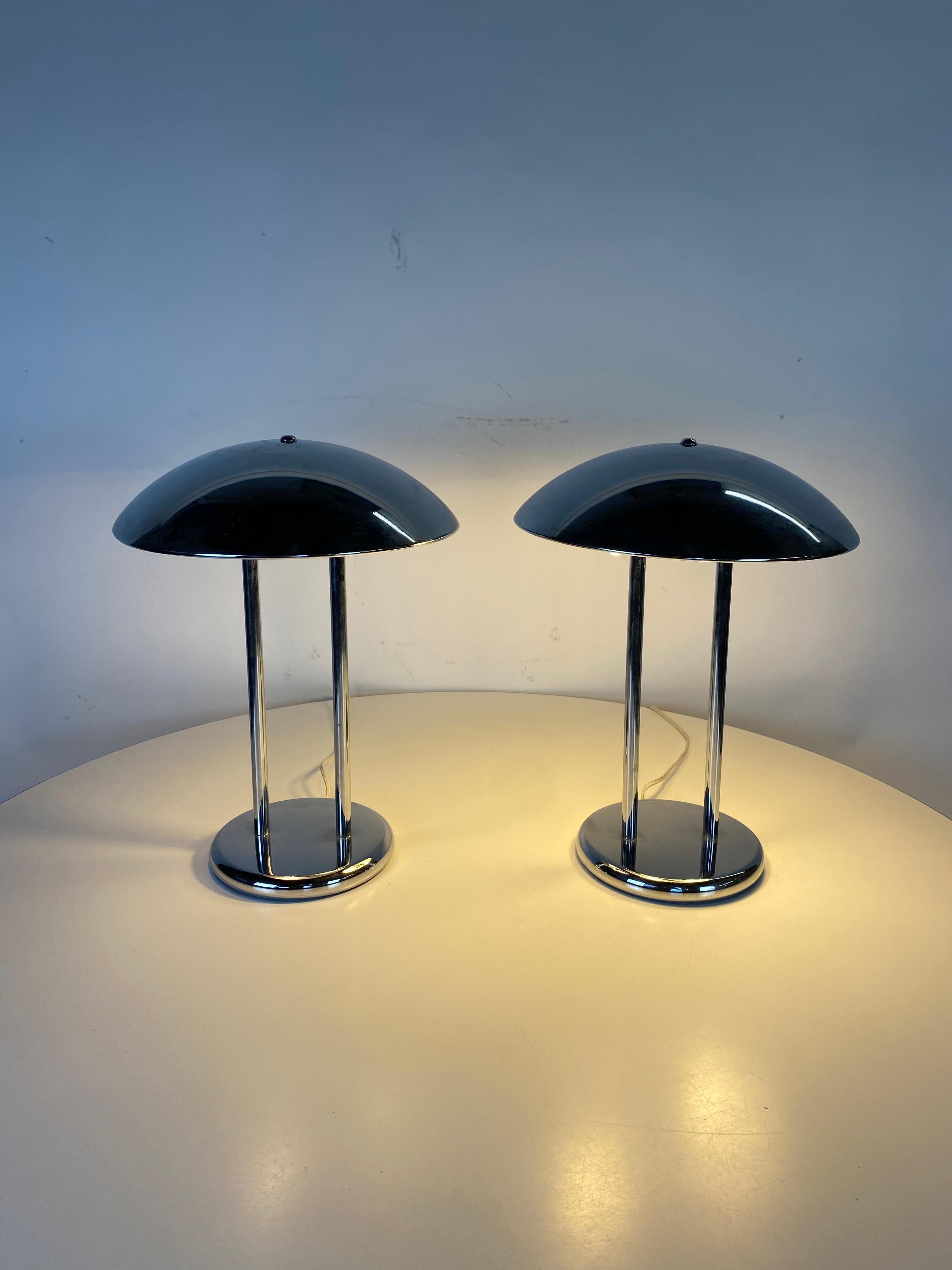 Pair of Chrome Table Lamps with Round Half Dome Shade 1