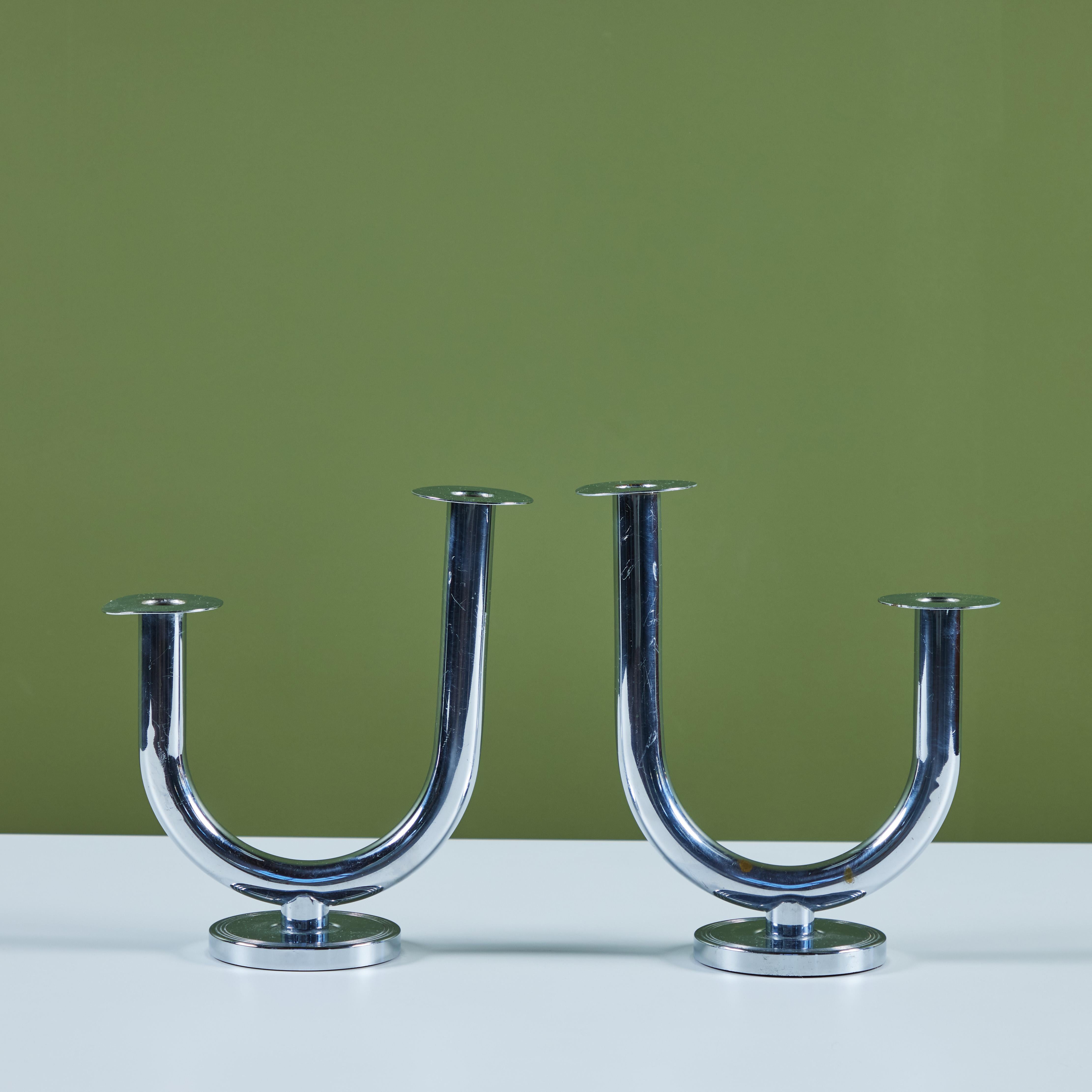 Mid-20th Century Pair of Chrome 'Taurex' Candlestick Holders by Walter Von Nessen for Chase For Sale