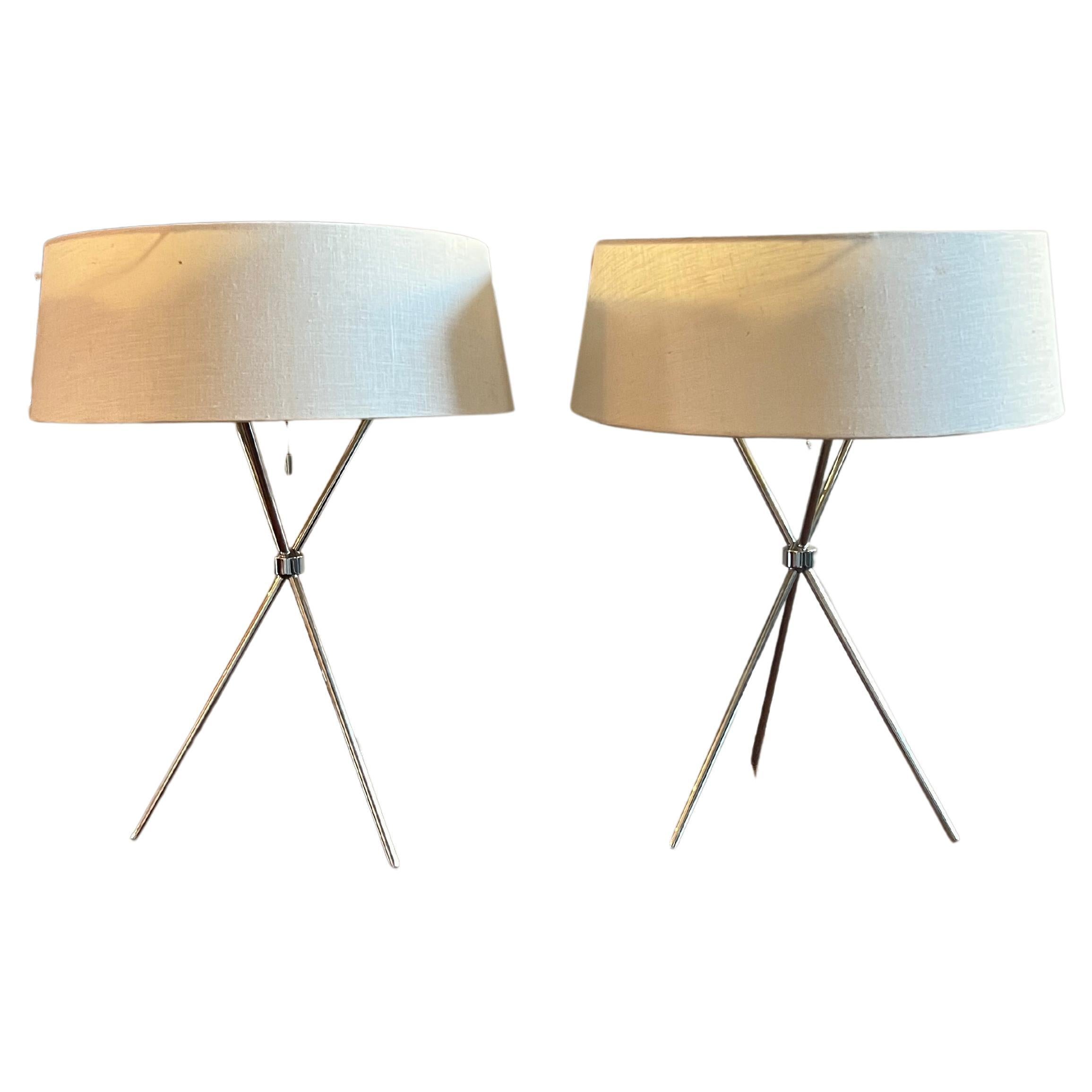 Pair of Chrome Tripod Lamps For Sale