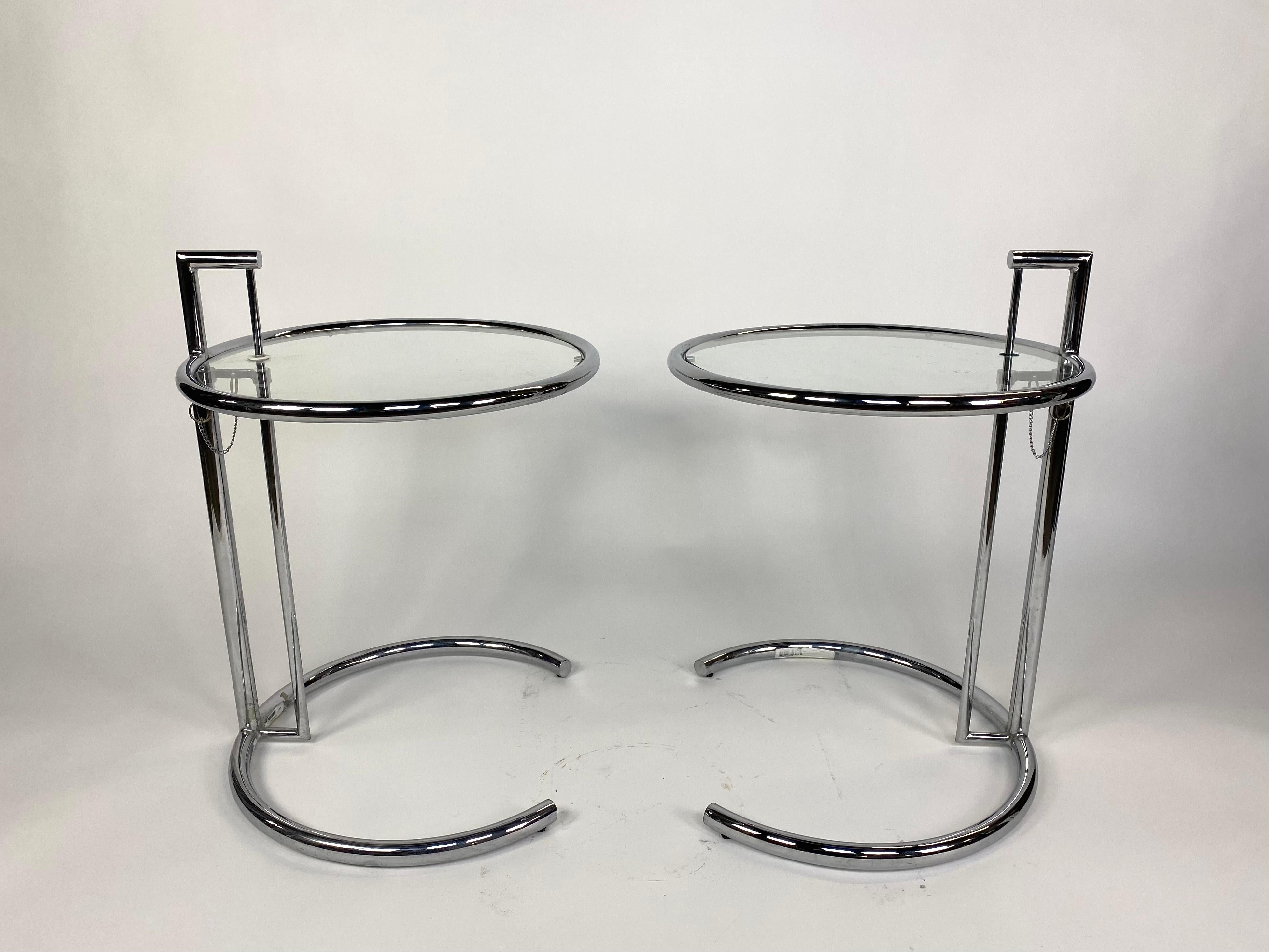 Modern Pair of Chrome Tube Adjustable Height End Tables in the Style of Eileen Gray