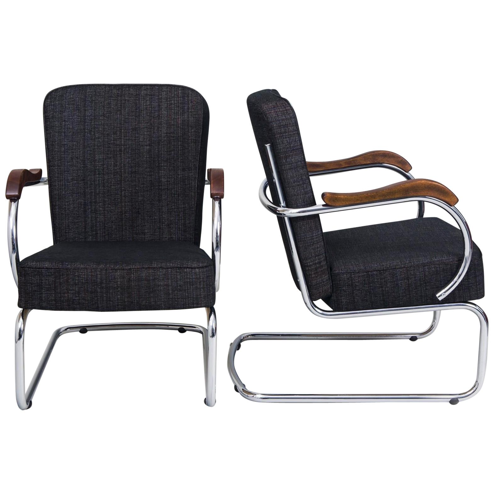 Pair of Chrome Tubular Armchairs by Kovona, New Upholstery, 1960s For Sale