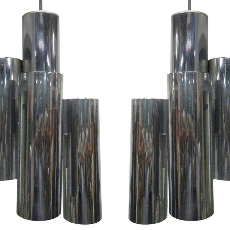 American Pair of Chrome Tubular Light Pendants