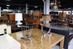 Pair of Chrome U Shape Bases Glass Square Top End Side Tables Stands MINT!