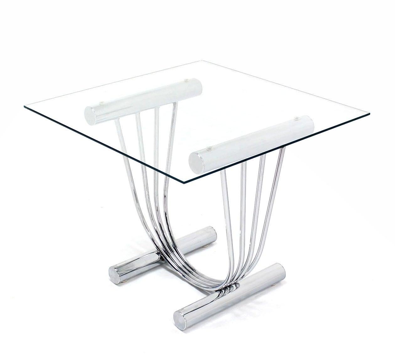 Mid-Century Modern Pair of Chrome U Shape Bases Glass Square Top End Side Tables Stands MINT! For Sale