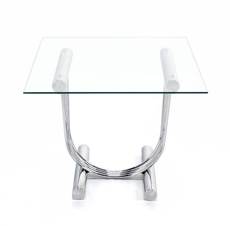 Italian Pair of Chrome U Shape Bases Glass Square Top End Side Tables Stands MINT! For Sale