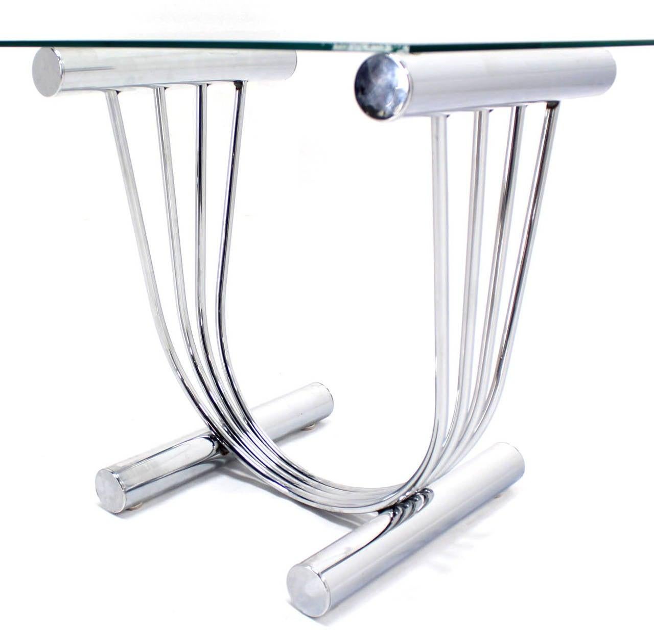 Polished Pair of Chrome U Shape Bases Glass Square Top End Side Tables Stands MINT! For Sale