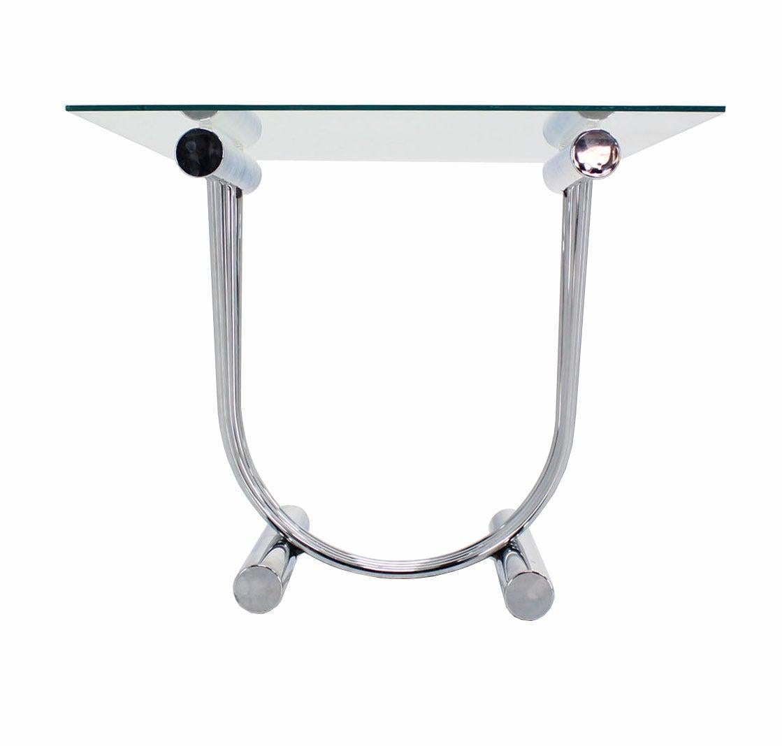 Pair of Chrome U Shape Bases Glass Square Top End Side Tables Stands MINT! For Sale 1
