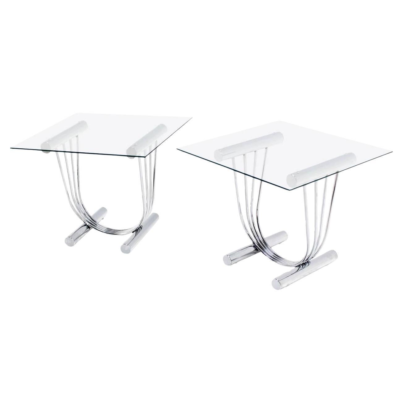Pair of Chrome U Shape Bases Glass Square Top End Side Tables Stands MINT!