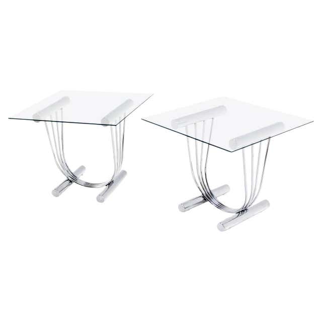 Pair Travertine Bases Cross Support Glass Top End Side Occational ...