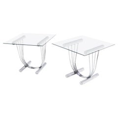 Vintage Pair of Chrome U Shape Bases Glass Square Top End Side Tables Stands MINT!