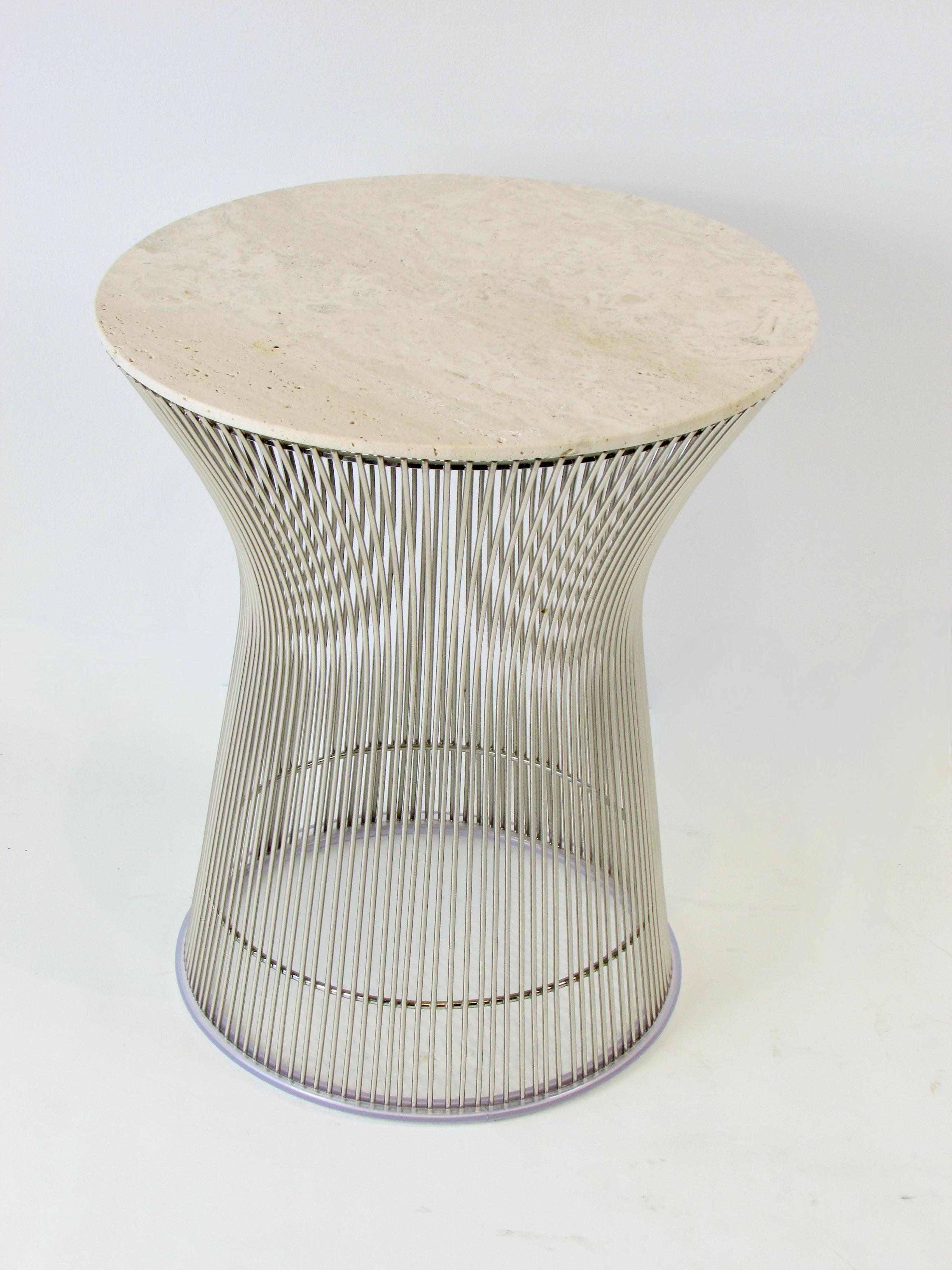 Paar verchromte Warren Planter Knoll-Tische mit maßgefertigten Travertin-Marmorplatten 3