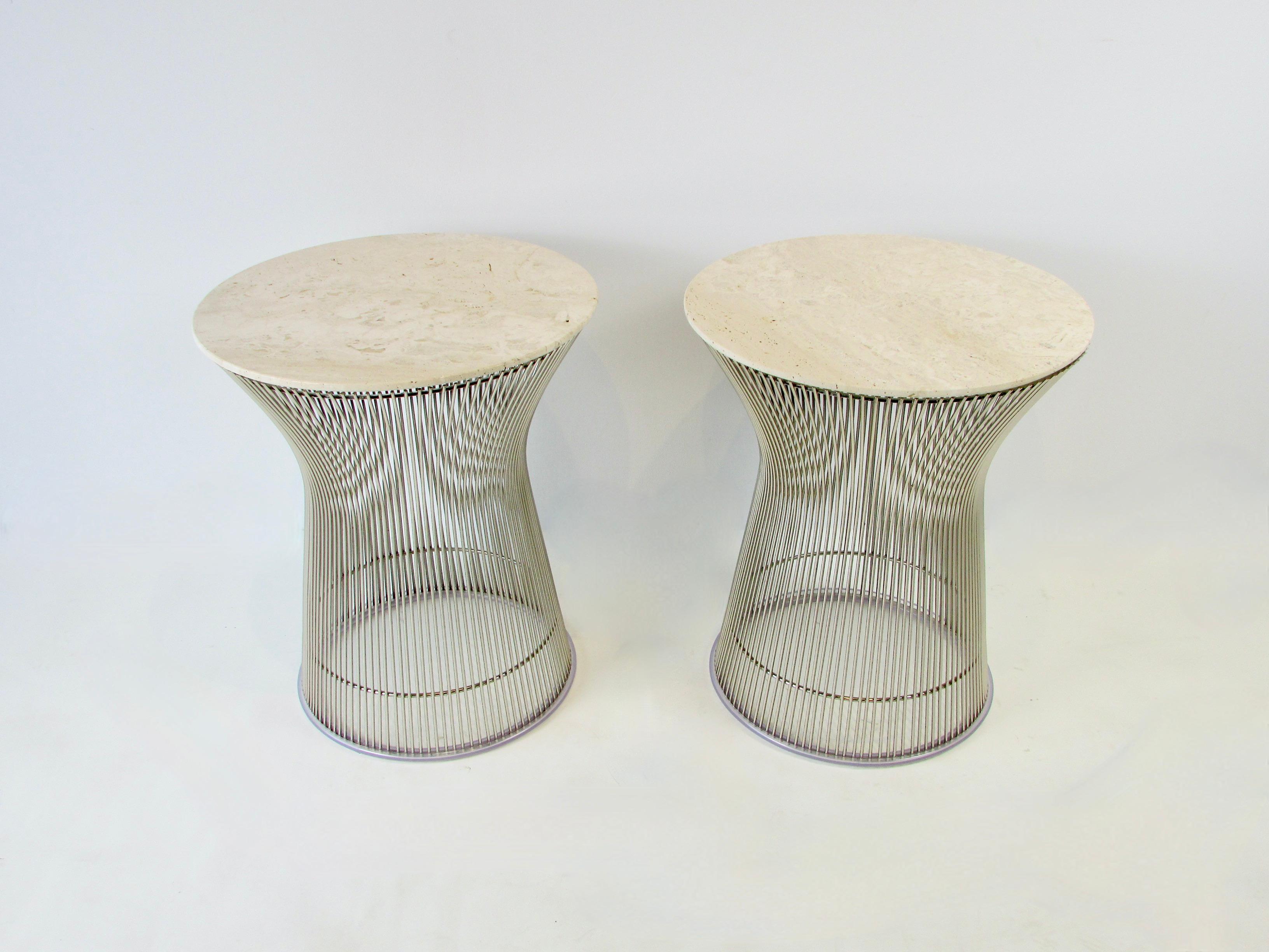 Mid-Century Modern Pair of Chrome Warren Planter Knoll Tables with Custom Travertine Marble Tops