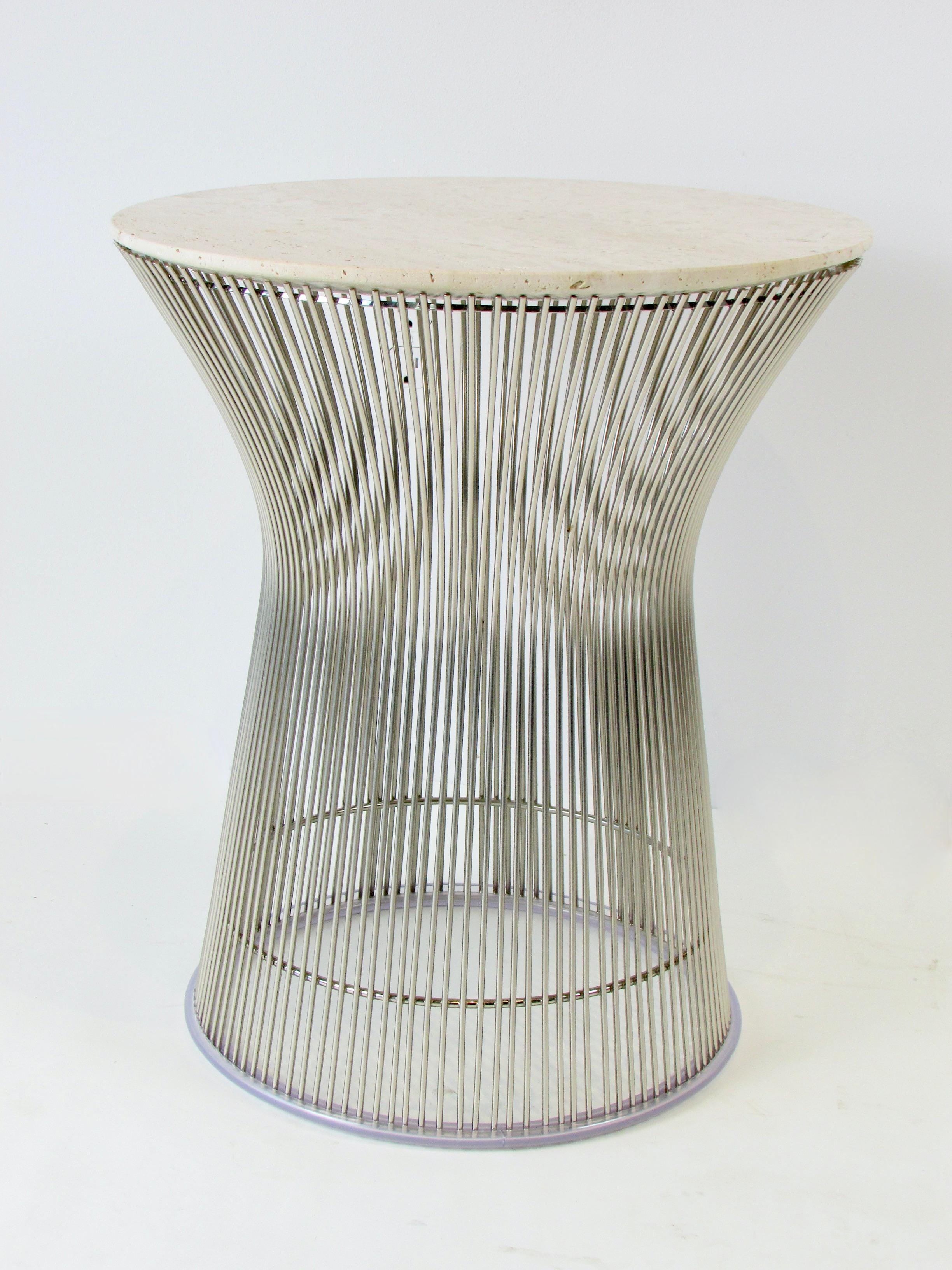 Hand-Crafted Pair of Chrome Warren Planter Knoll Tables with Custom Travertine Marble Tops