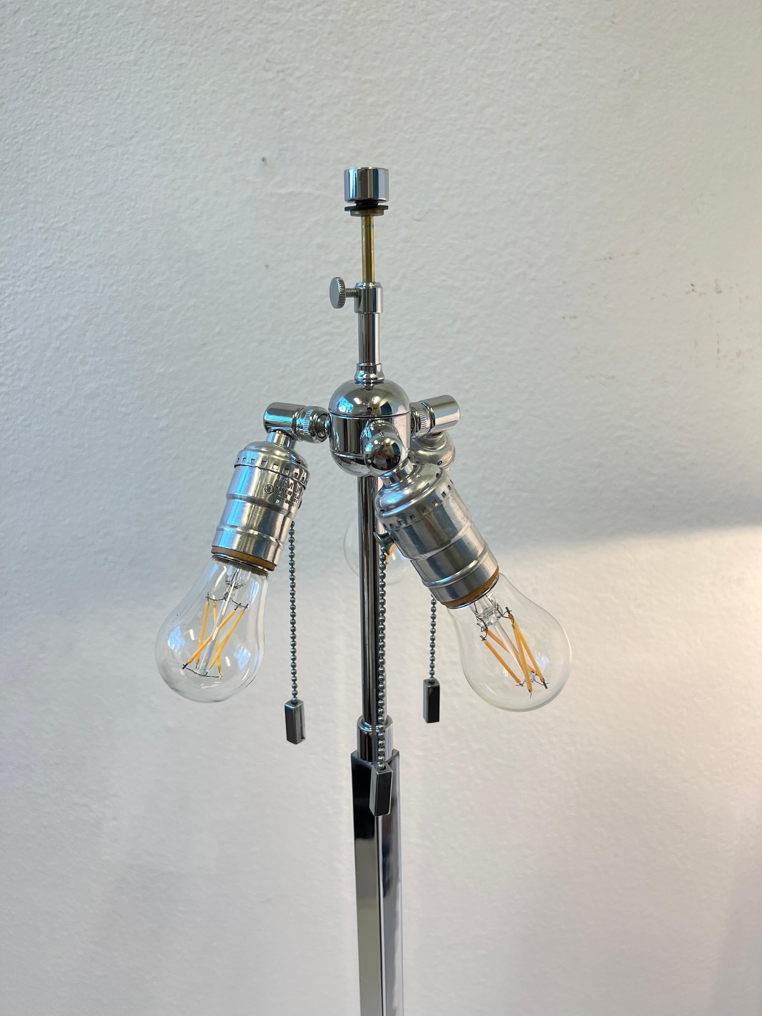 Linen Pair of Chrome X Base Floor Lamps by Robsjohn Gibbings for Hansen Lighting  For Sale