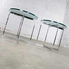 Pair of Chrome X-Base Round Glass Top Side Tables after Mies van der Rohe