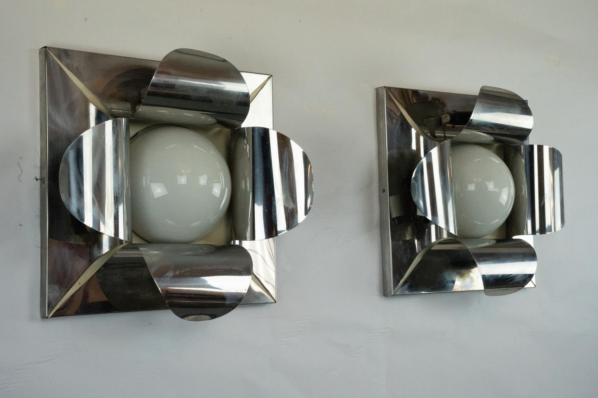 Paire de plafonniers ou d'appliques chromés de Goffredo Reggiani. Italie 1970 Bon état - En vente à Catania, CT