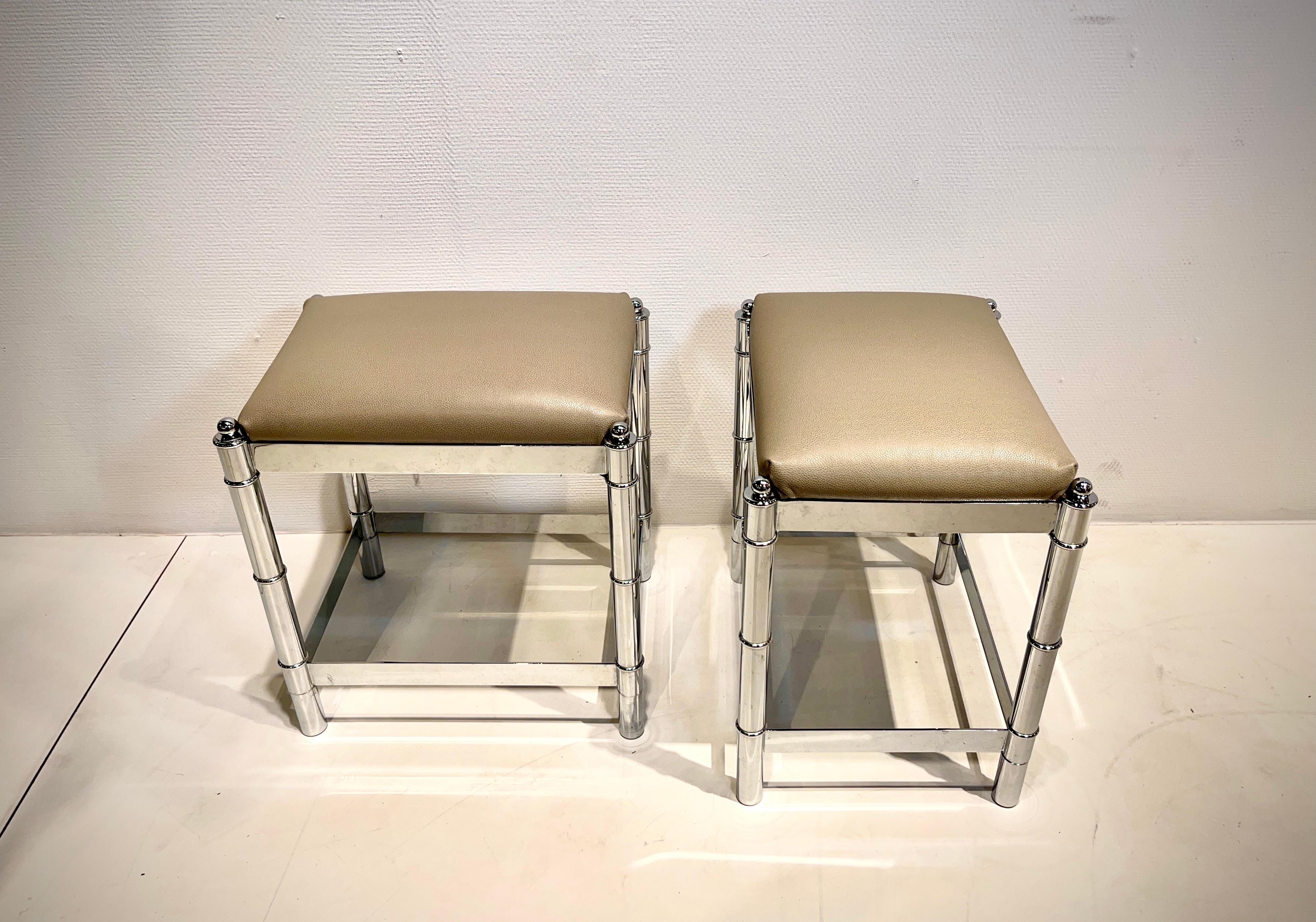 Mid-Century Modern Pair of Chromed 'faux bamboo' Stool circa 1960