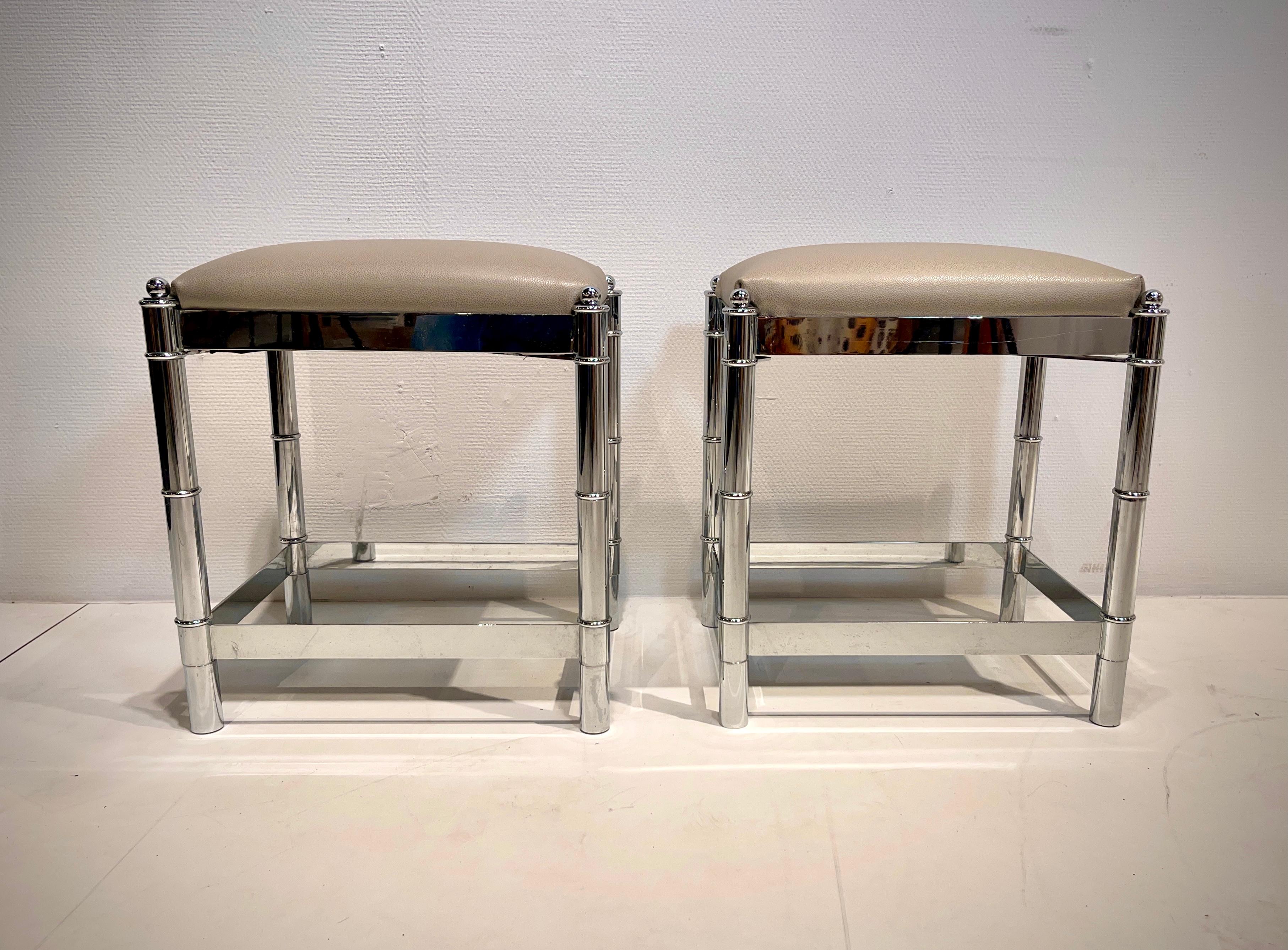 French Pair of Chromed 'faux bamboo' Stool circa 1960