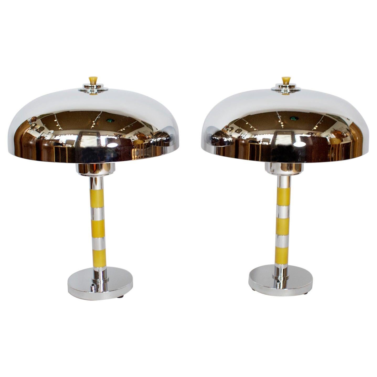 Pair of Chromed Metal and Bakelite Art Deco Table Lamps