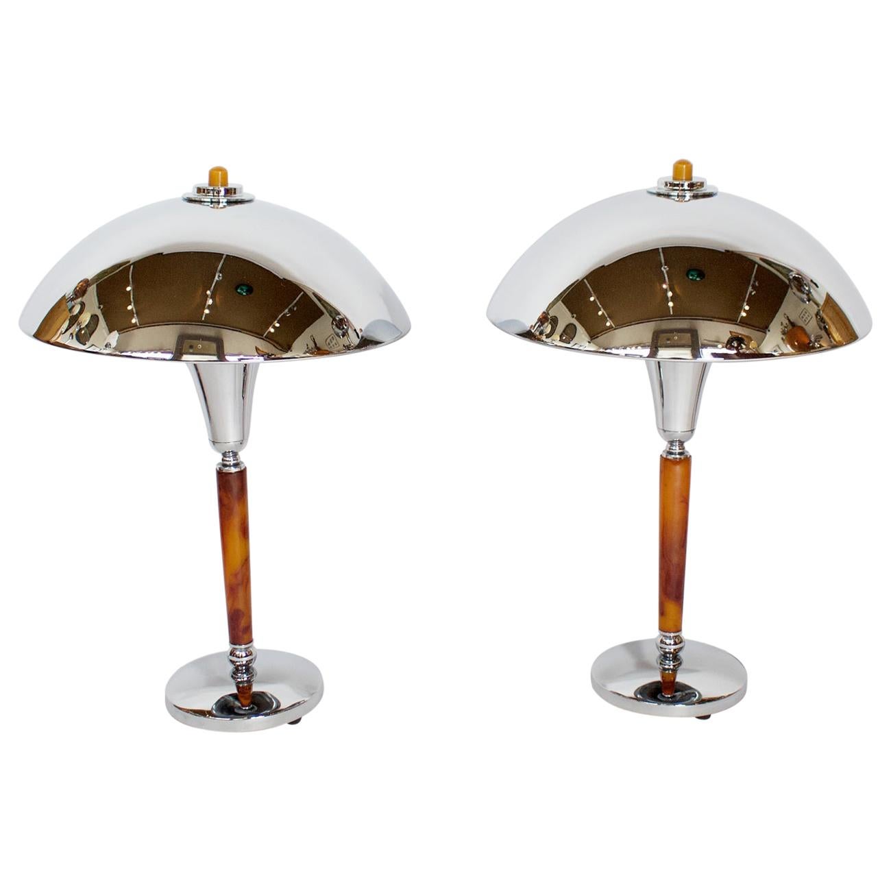 Pair of Chromed Metal and Bakelite Art Deco Table Lights