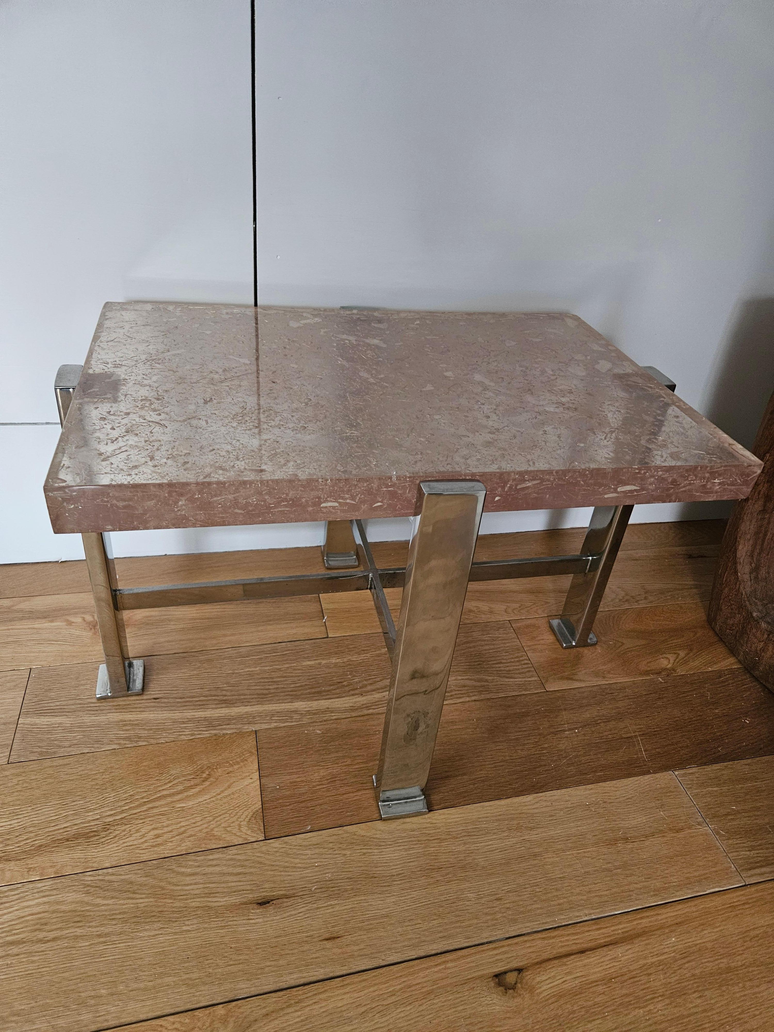Late 20th Century Pair of Chromed Metal and Resin Side Tables attributed to Pierre Giraudon. For Sale