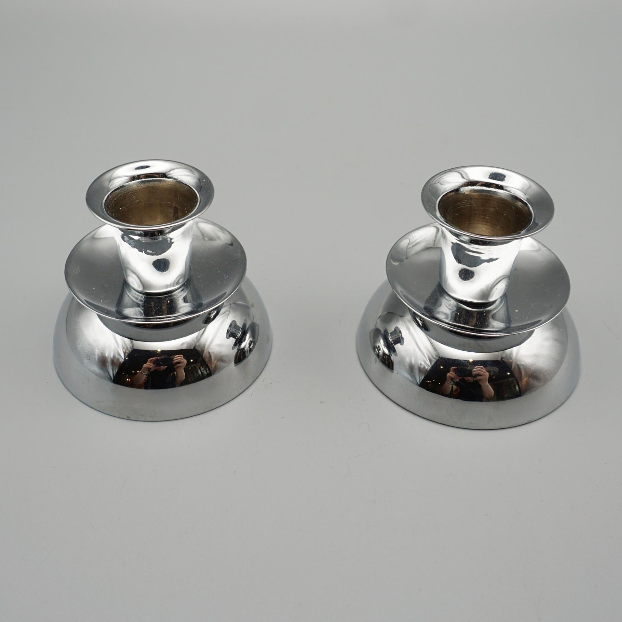 Art Deco Pair of Chromed Metal Candlesticks For Sale
