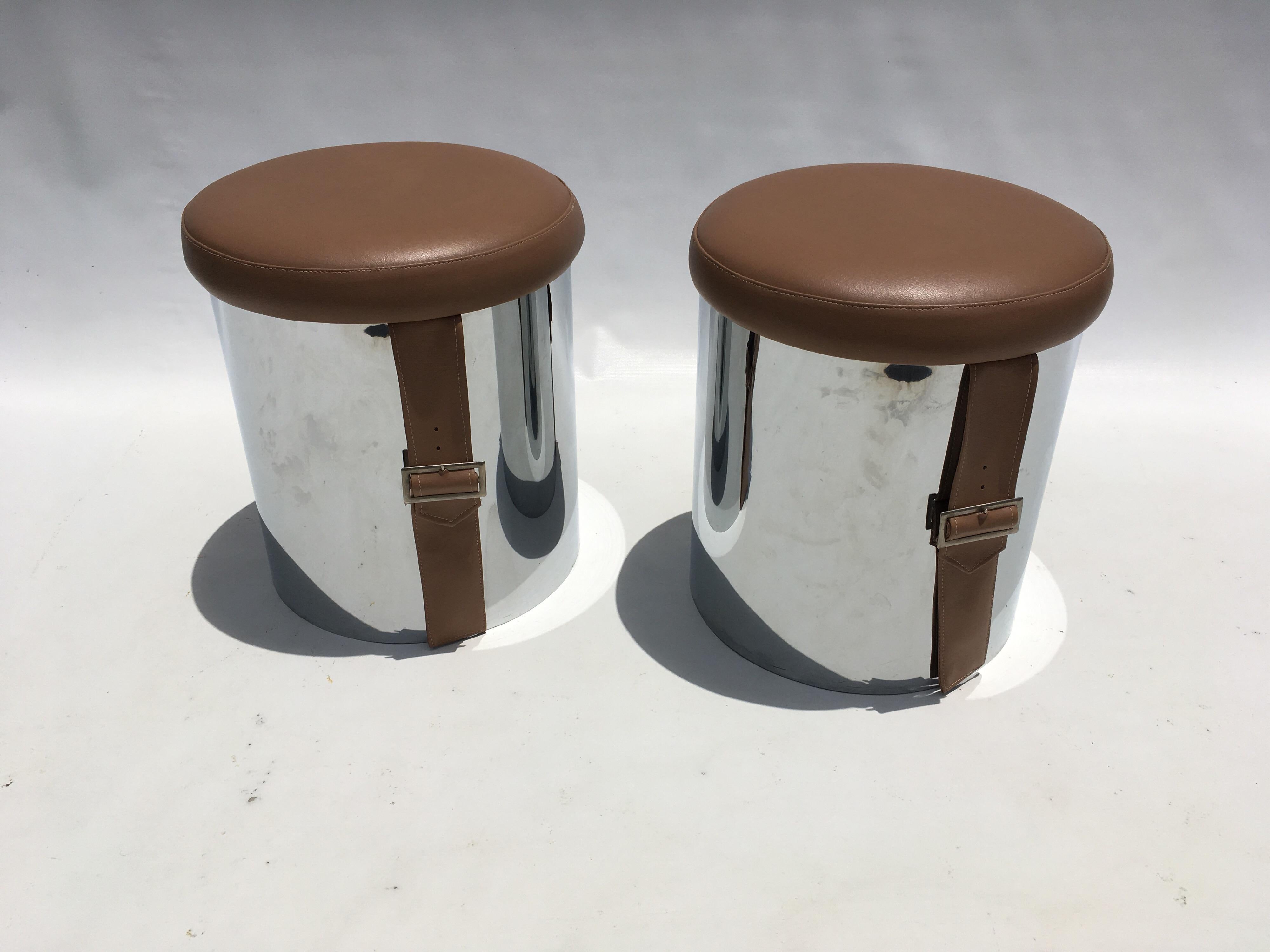 American Pair of Chromed Mid-Century Modern Stools Ottomans For Sale