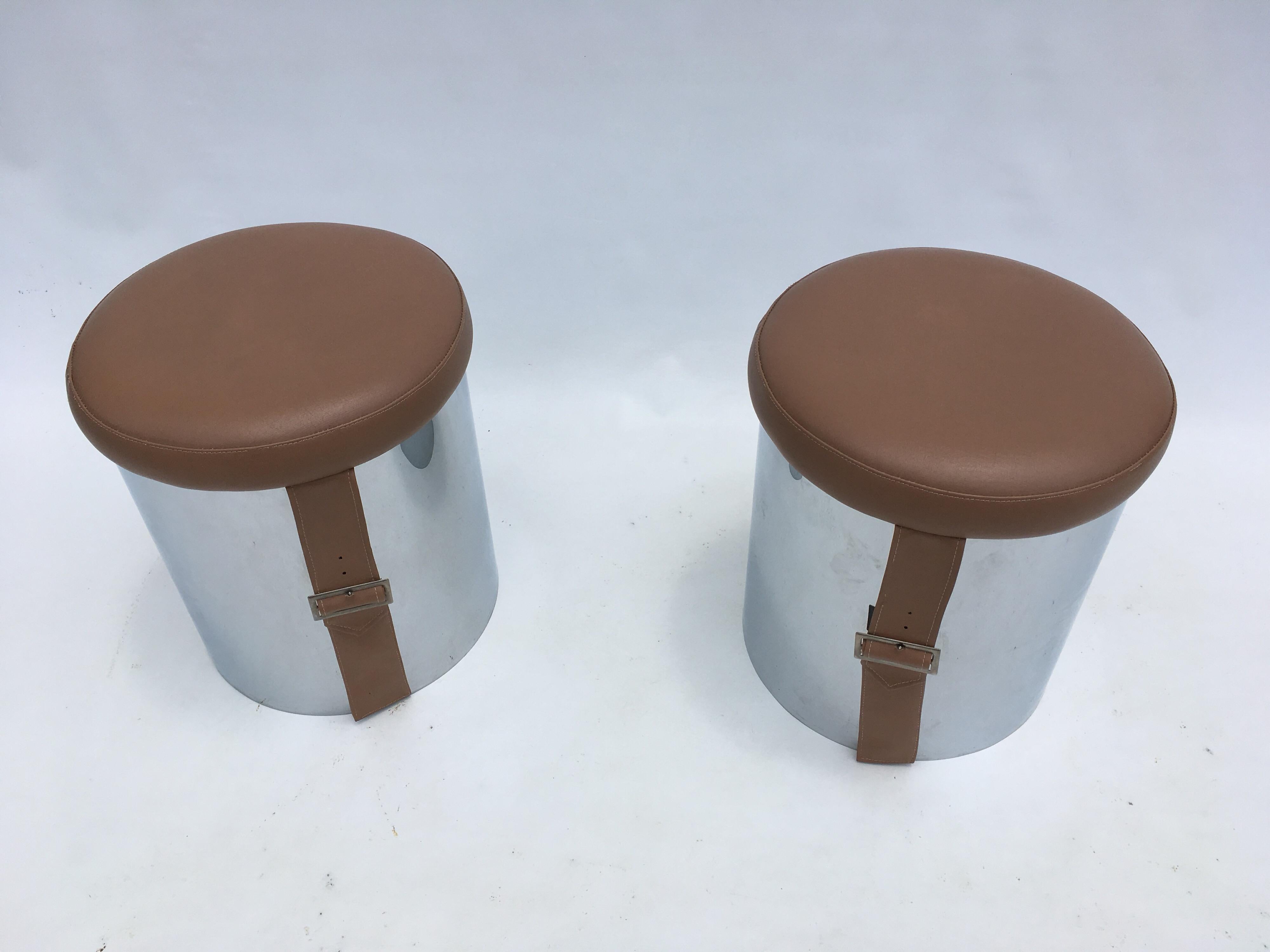 Metal Pair of Chromed Mid-Century Modern Stools Ottomans For Sale