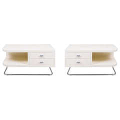 Pair of Chromed steel Ivory Vintage Bauhaus Bed Side Tables by Kovona, 1950s
