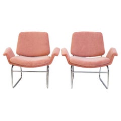 Pair of Chromed Steel Lounge Chairs with Pink Upholstery by Arflex