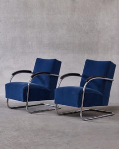 Paire de fauteuils cantilever Art déco en acier tubulaire chromé et mohair bleu neuf