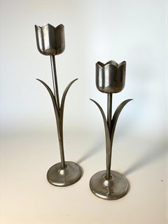 Pair of chromed tulip candle holders, 1970's, Italy