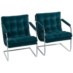 Pair of Chromium Steel Framed Peacock Velvet Armchairs, 1960s