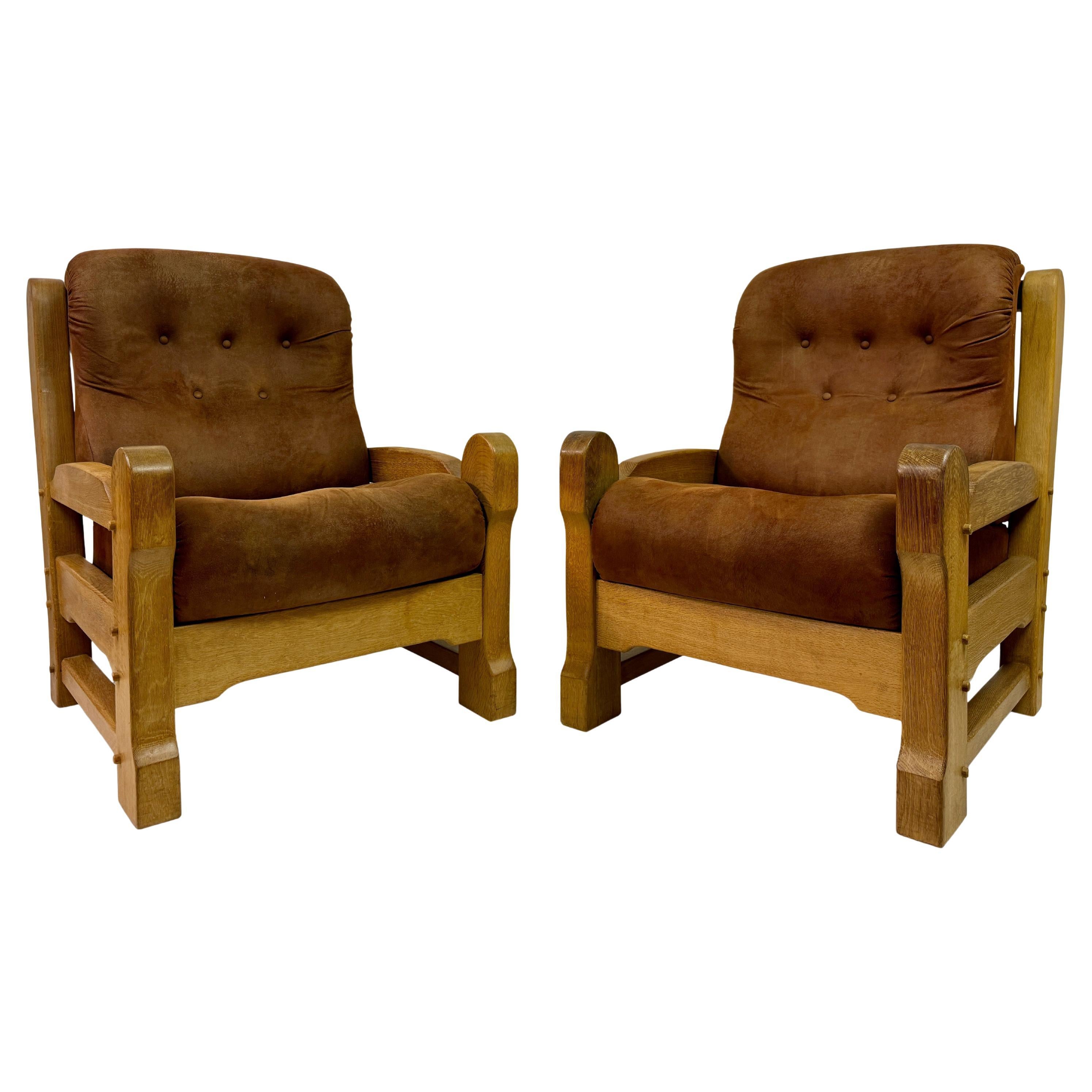 Pair of Chunky 1960s Brutalist Armchairs in Oak