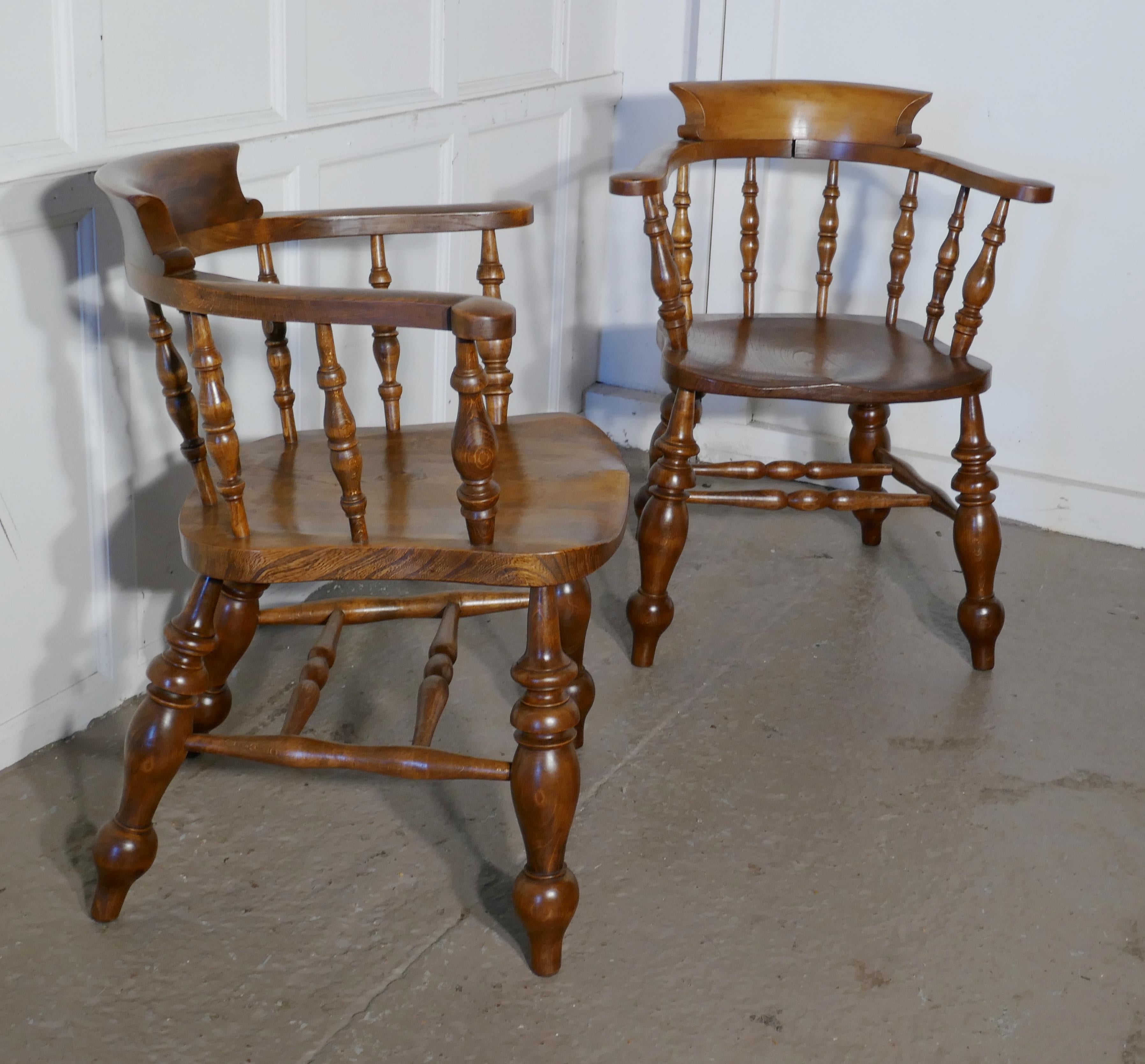 Victorian Pair of Chunky Elm Smokers Bow Office or Desk Chairs
